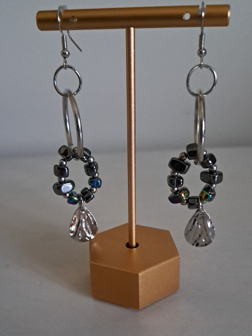 Silver Hoop Drop Earrings with Hematite and Iridescent Beads
